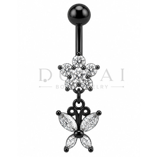 Steel 316L Externally Belly Button Bananabell with Clear Crystal Flower and Butterfly Charm Design