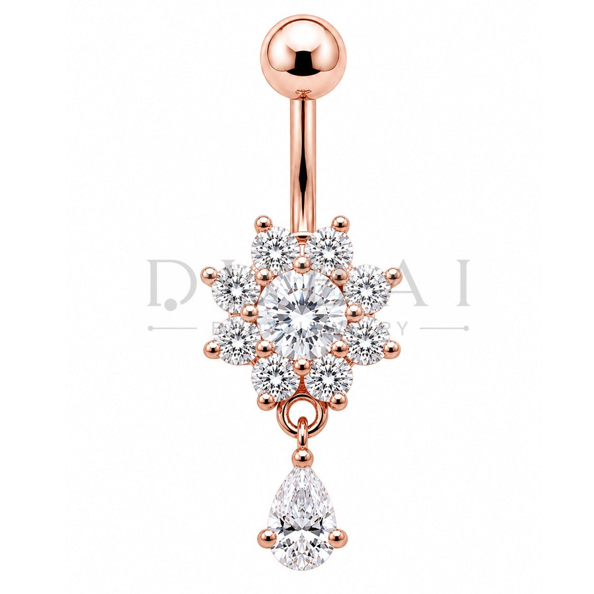 Steel 316L Externally Belly Button with Clear Crystal Flower & Teardrop Design