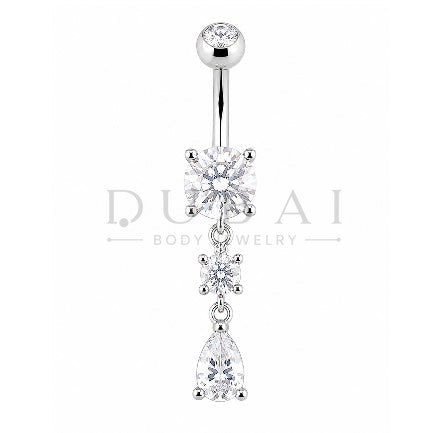 Steel 316L Externally Belly Button Bananabell with Crystal Teardrop Dangle Design