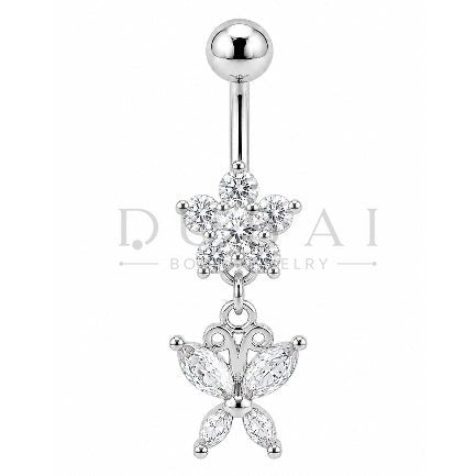 Steel 316L Externally Belly Button Bananabell with Clear Crystal Flower and Butterfly Charm Design