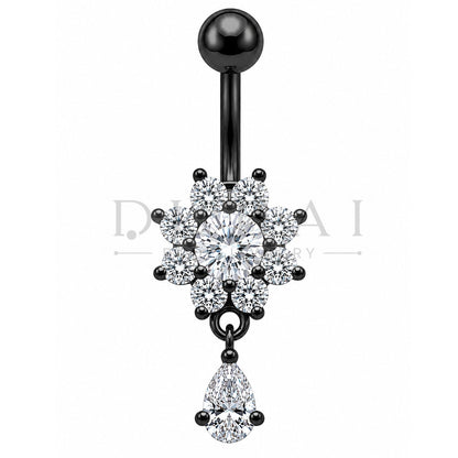 Steel 316L Externally Belly Button with Clear Crystal Flower & Teardrop Design