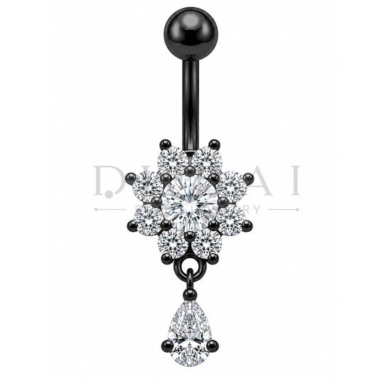 Steel 316L Externally Belly Button with Clear Crystal Flower & Teardrop Design