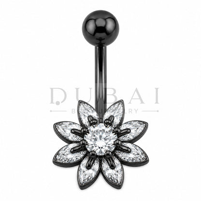 Steel 316L Externally Belly Button Bananabell with Clear Crystal Flower Design