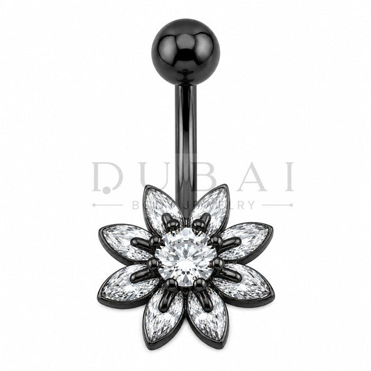 Steel 316L Externally Belly Button Bananabell with Clear Crystal Flower Design