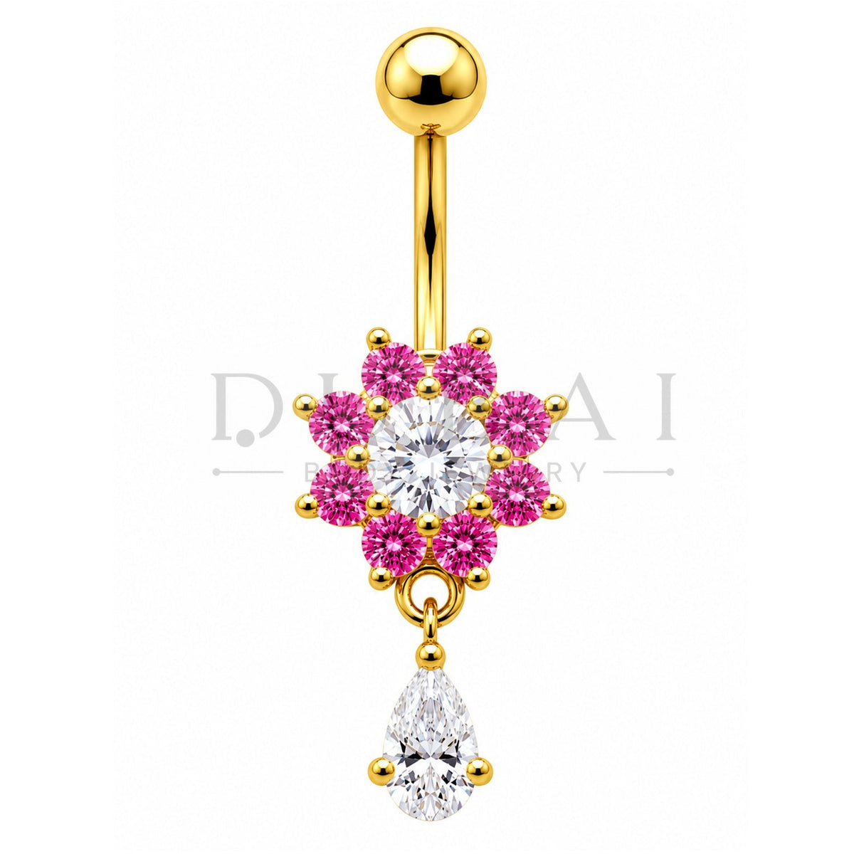 Steel 316L Externally Belly Button with Clear Crystal Flower & Teardrop Design