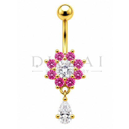 Steel 316L Externally Belly Button with Clear Crystal Flower & Teardrop Design