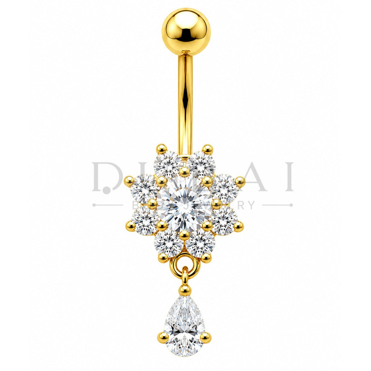 Steel 316L Externally Belly Button with Clear Crystal Flower & Teardrop Design