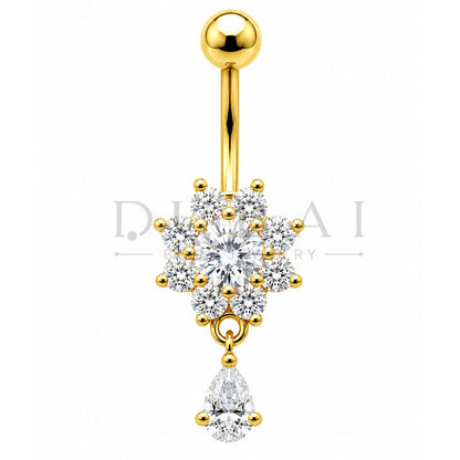 Steel 316L Externally Belly Button with Clear Crystal Flower & Teardrop Design