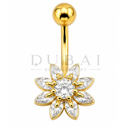 Steel 316L Externally Belly Button Bananabell with Clear Crystal Flower Design