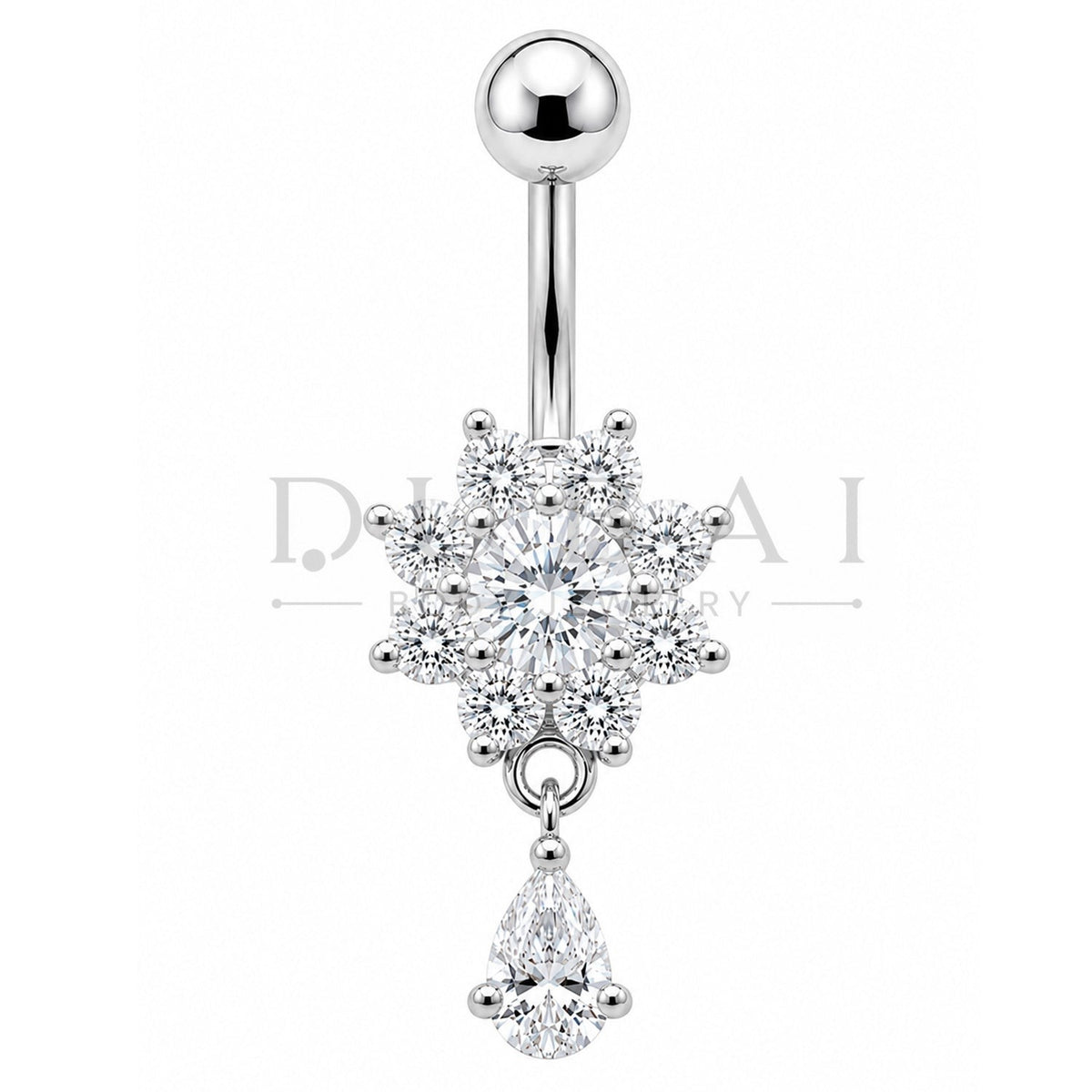 Steel 316L Externally Belly Button with Clear Crystal Flower & Teardrop Design