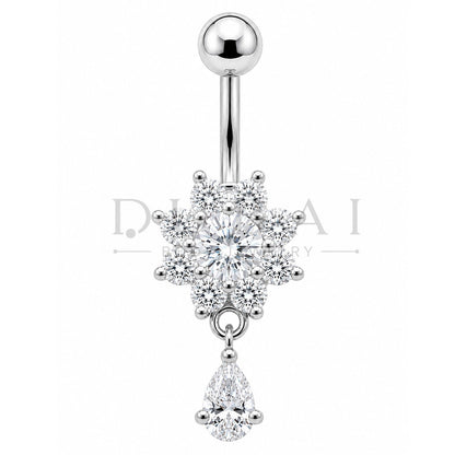 Steel 316L Externally Belly Button with Clear Crystal Flower & Teardrop Design