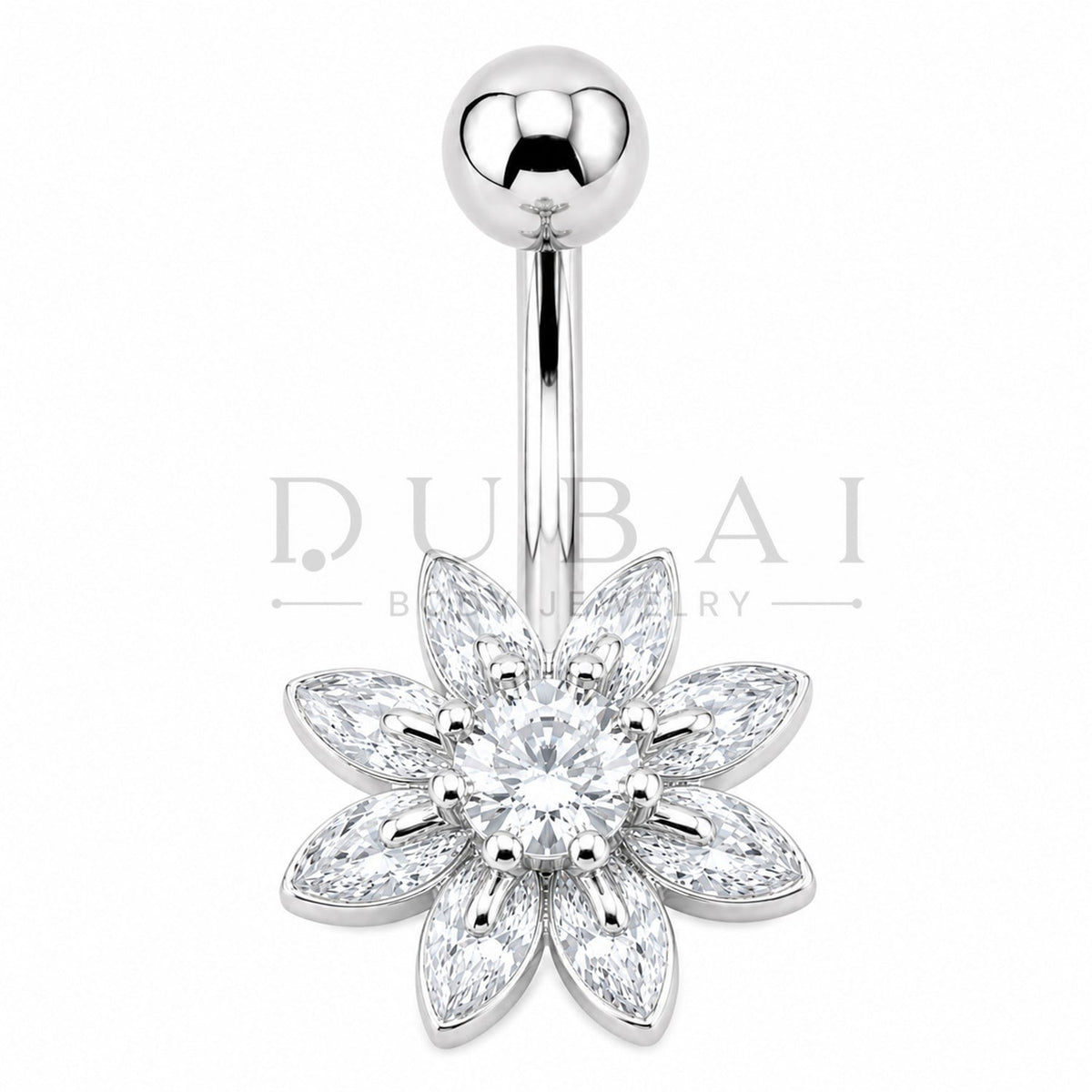Steel 316L Externally Belly Button Bananabell with Clear Crystal Flower Design