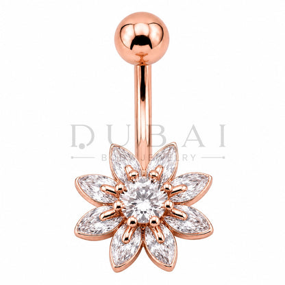 Steel 316L Externally Belly Button Bananabell with Clear Crystal Flower Design