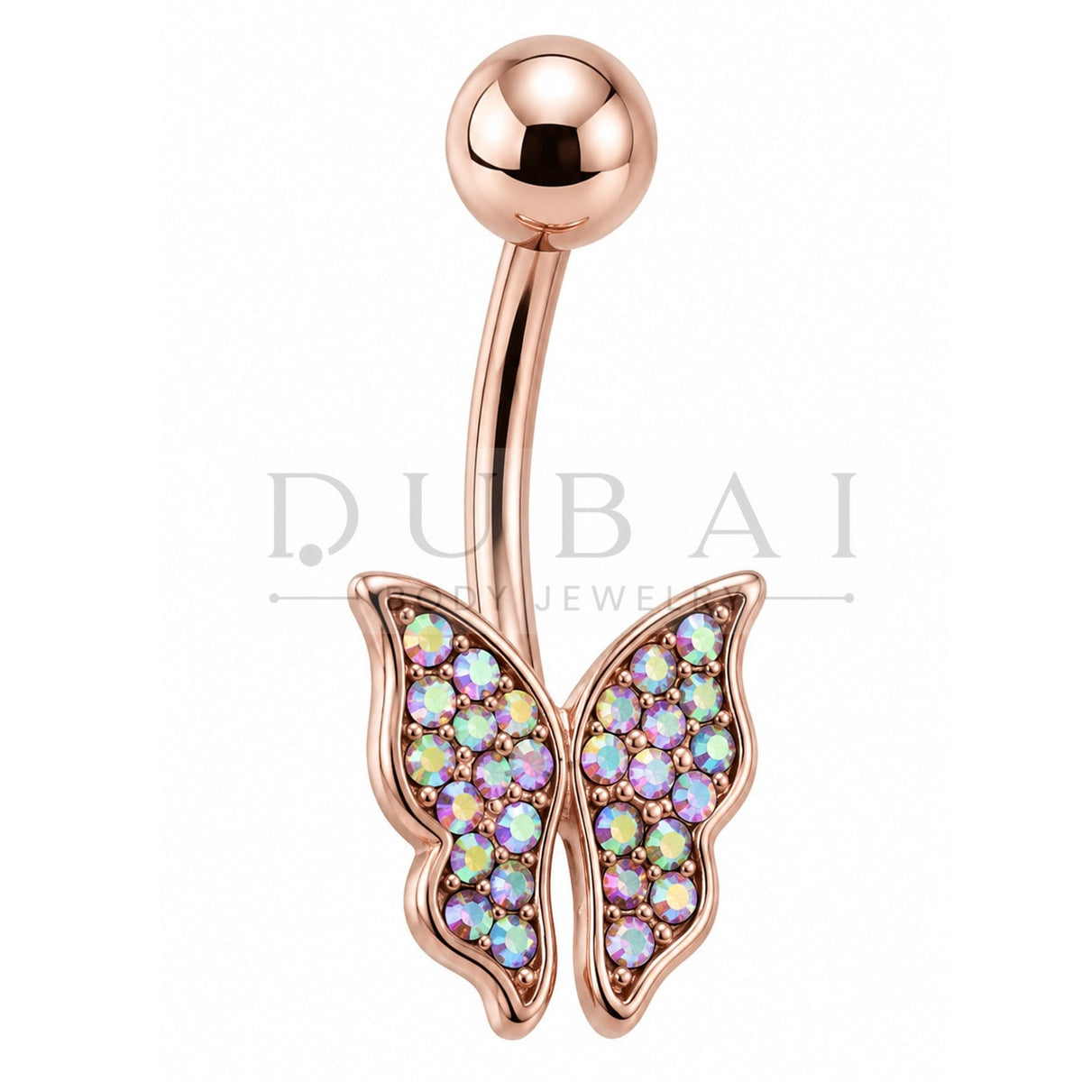 Steel 316L Externally Rose Gold Ti-PVD Coated Belly Button Banana with Sparkling Butterfly  Design