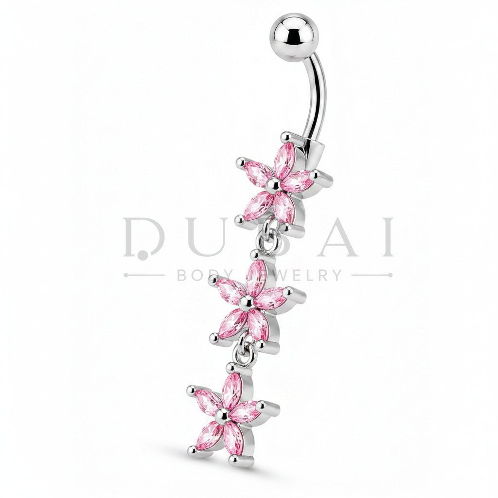 Steel 316L Externally Belly Button Bananabell with Dangling Triple-Flower Design