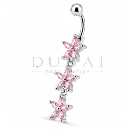 Steel 316L Externally Belly Button Bananabell with Dangling Triple-Flower Design