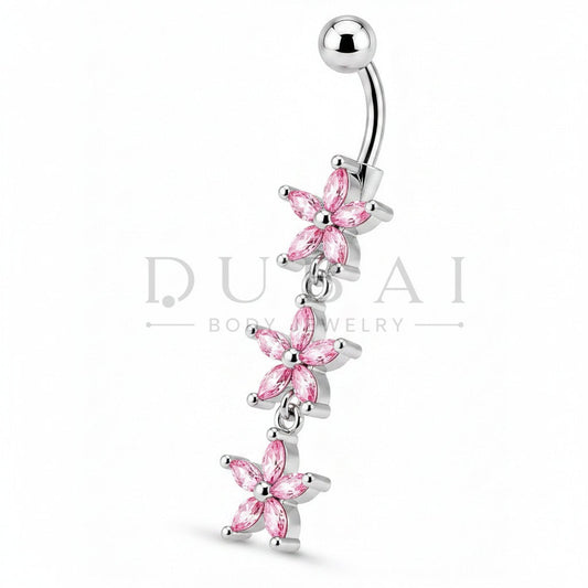Steel 316L Externally Belly Button Bananabell with Dangling Triple-Flower Design
