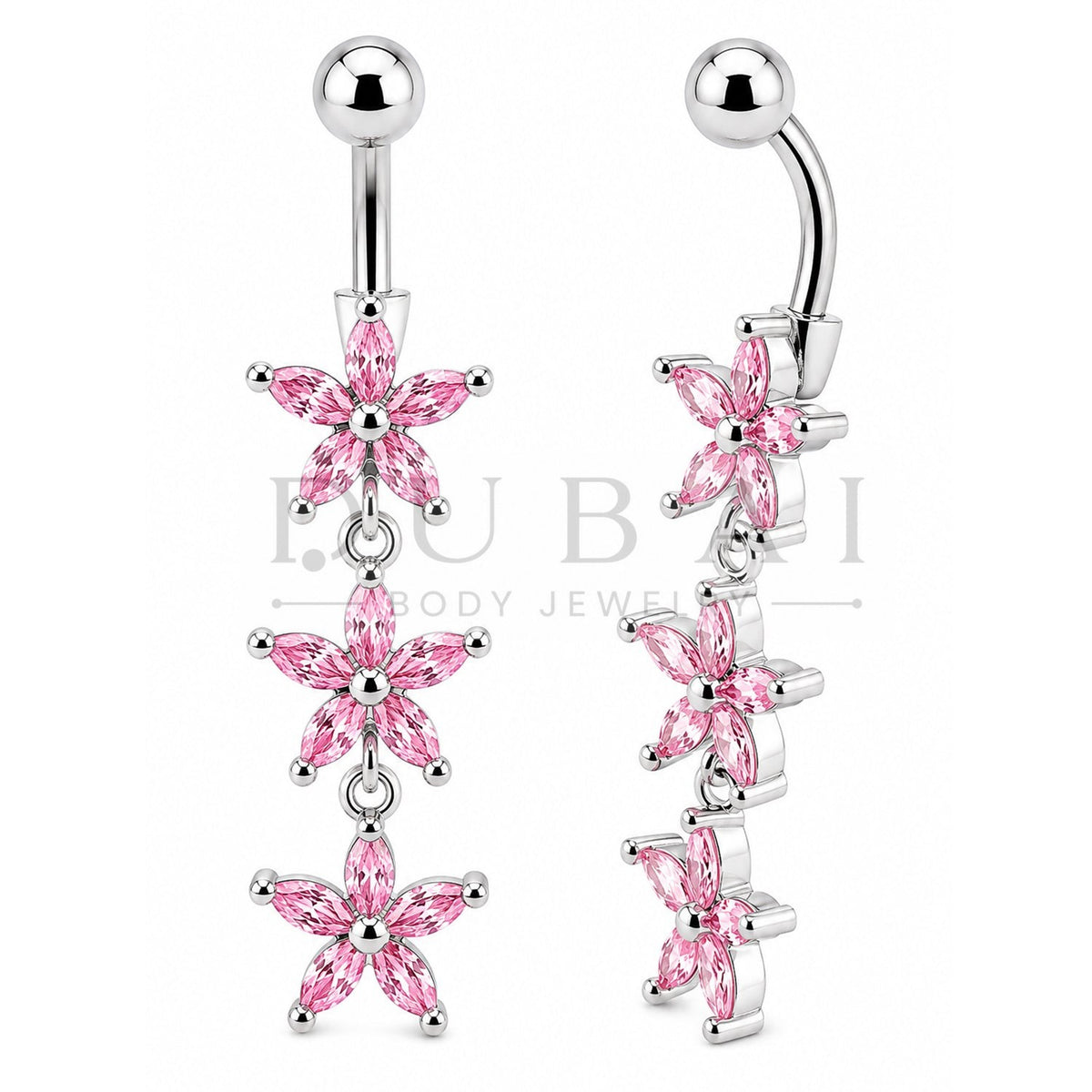 Steel 316L Externally Belly Button Bananabell with Dangling Triple-Flower Design