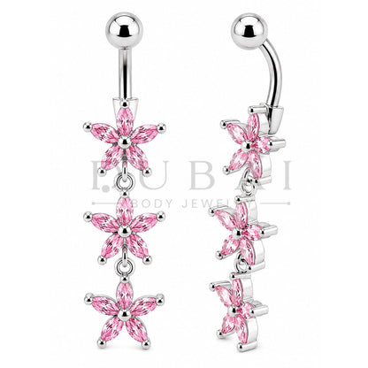 Steel 316L Externally Belly Button Bananabell with Dangling Triple-Flower Design