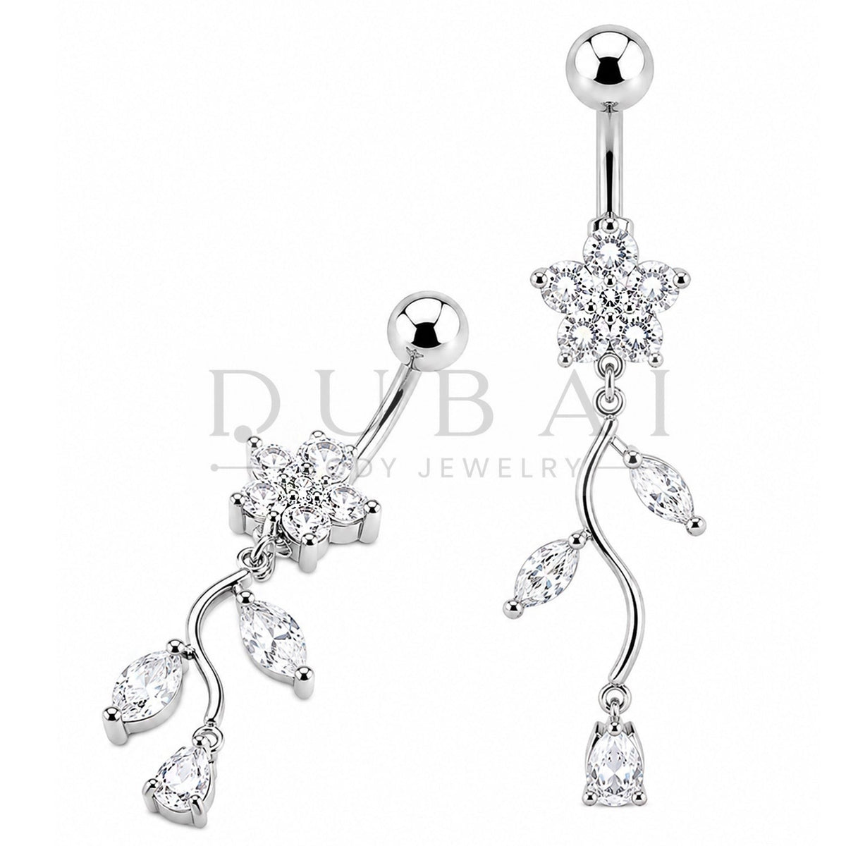 Steel 316L Externally Belly Button Bananabell with Clear Crystal Flower Dangle Design