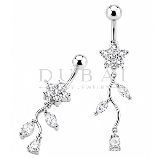 Steel 316L Externally Belly Button Bananabell with Clear Crystal Flower Dangle Design
