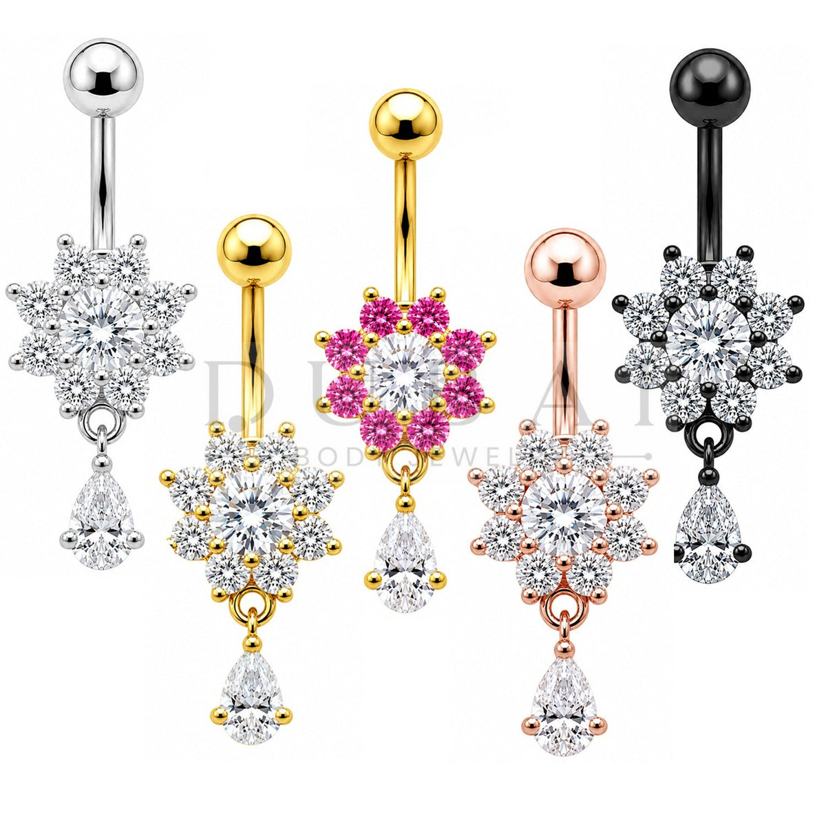 Steel 316L Externally Belly Button with Clear Crystal Flower & Teardrop Design
