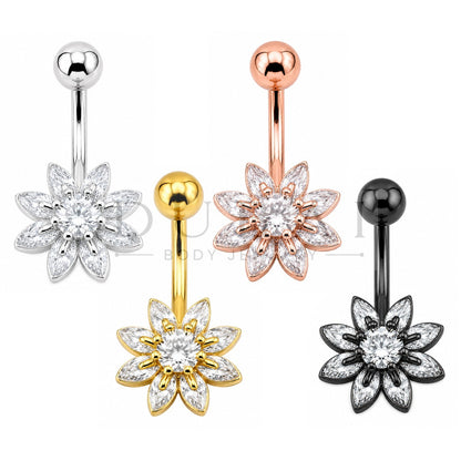 Steel 316L Externally Belly Button Bananabell with Clear Crystal Flower Design