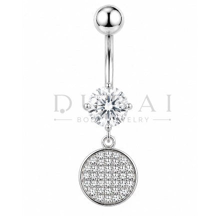 Steel 316L Externally Belly Button Bananabell with Crystal Pave Disc Dangle Design